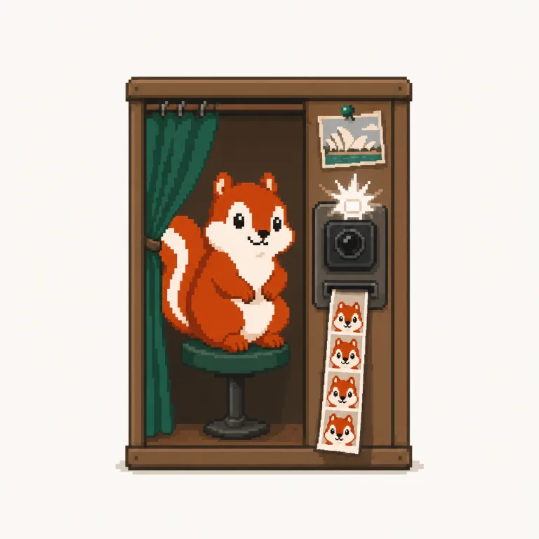 Pixel art: the Pixmunk chipmunk poses in a photo booth with an Opera House postcard on the wall