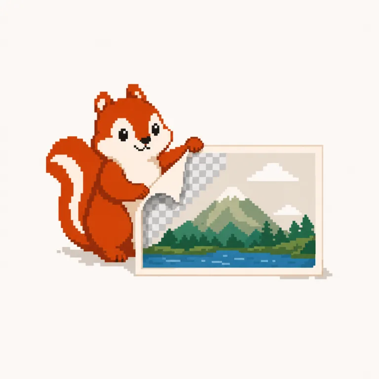Pixel art: the Pixmunk chipmunk peels a photo's background away like a sticker, revealing the transparency checkerboard