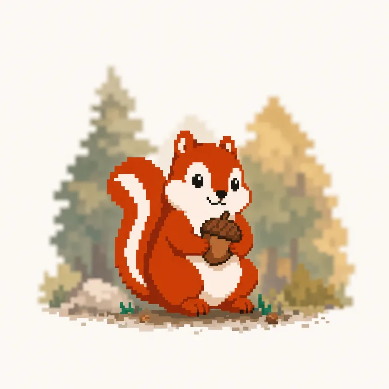 Pixel art: the Pixmunk chipmunk stands in sharp focus in front of a softly blurred forest