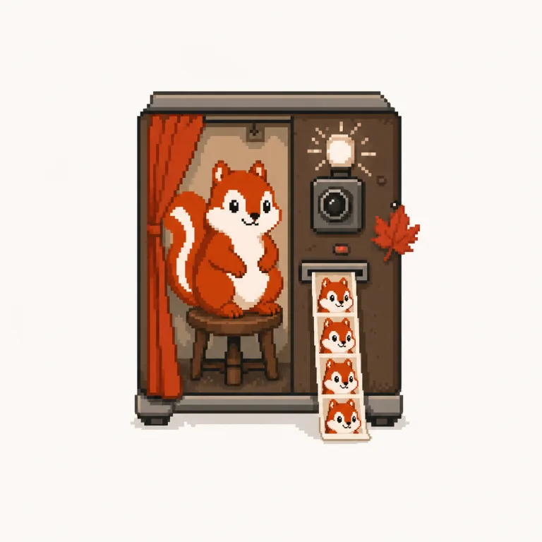 Pixel art: the Pixmunk chipmunk poses in a photo booth with a red maple leaf on the wall