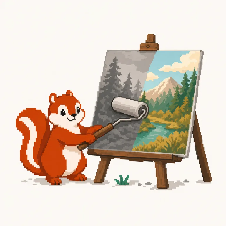 Pixel art: the Pixmunk chipmunk rolls color onto a black and white photograph on an easel