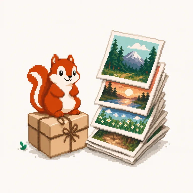 Pixel art: the Pixmunk chipmunk sits on a small parcel packed from a tower of large photos