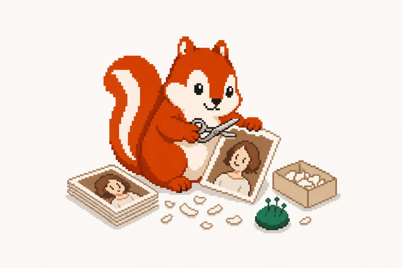 Pixel art: the Pixmunk chipmunk cuts carefully along a portrait's hair edge with tiny scissors