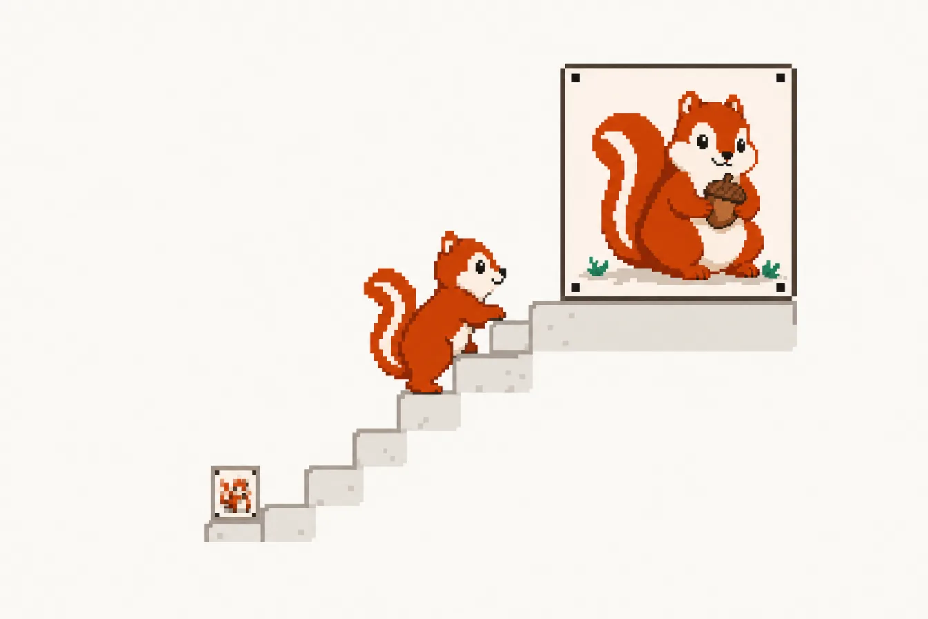 Pixel art: the Pixmunk chipmunk climbs a staircase of giant pixels from a tiny coarse photo up to a large sharp one