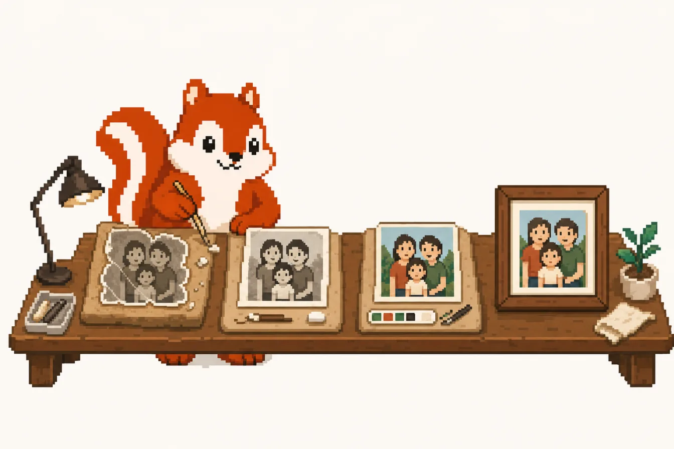Pixel art: the Pixmunk chipmunk restores the same family photo across four stations, from torn and faded to repaired, colorized and framed