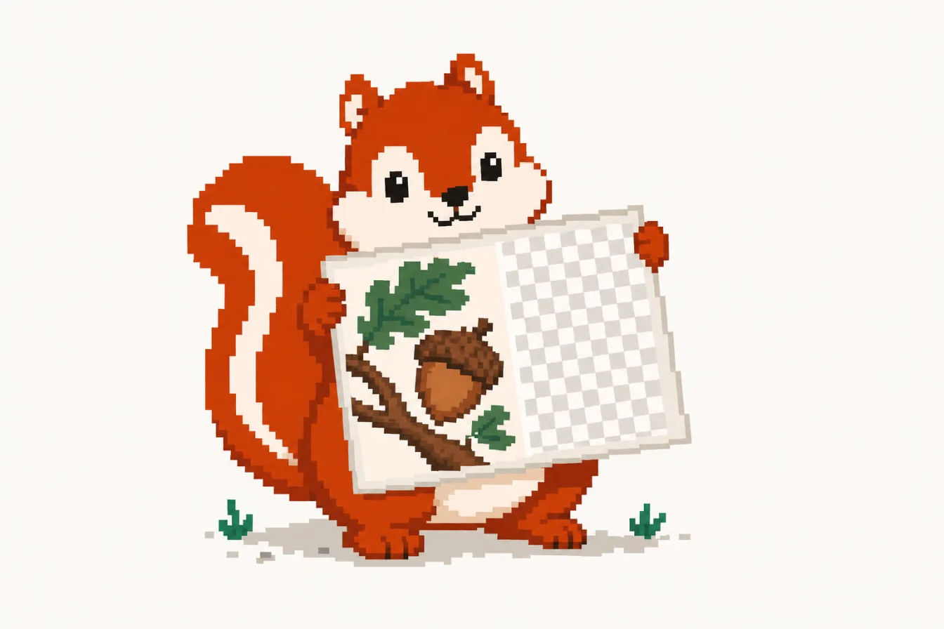 Pixel art: the Pixmunk chipmunk holds up a sheet that is half photo of an acorn, half see-through transparency checkerboard