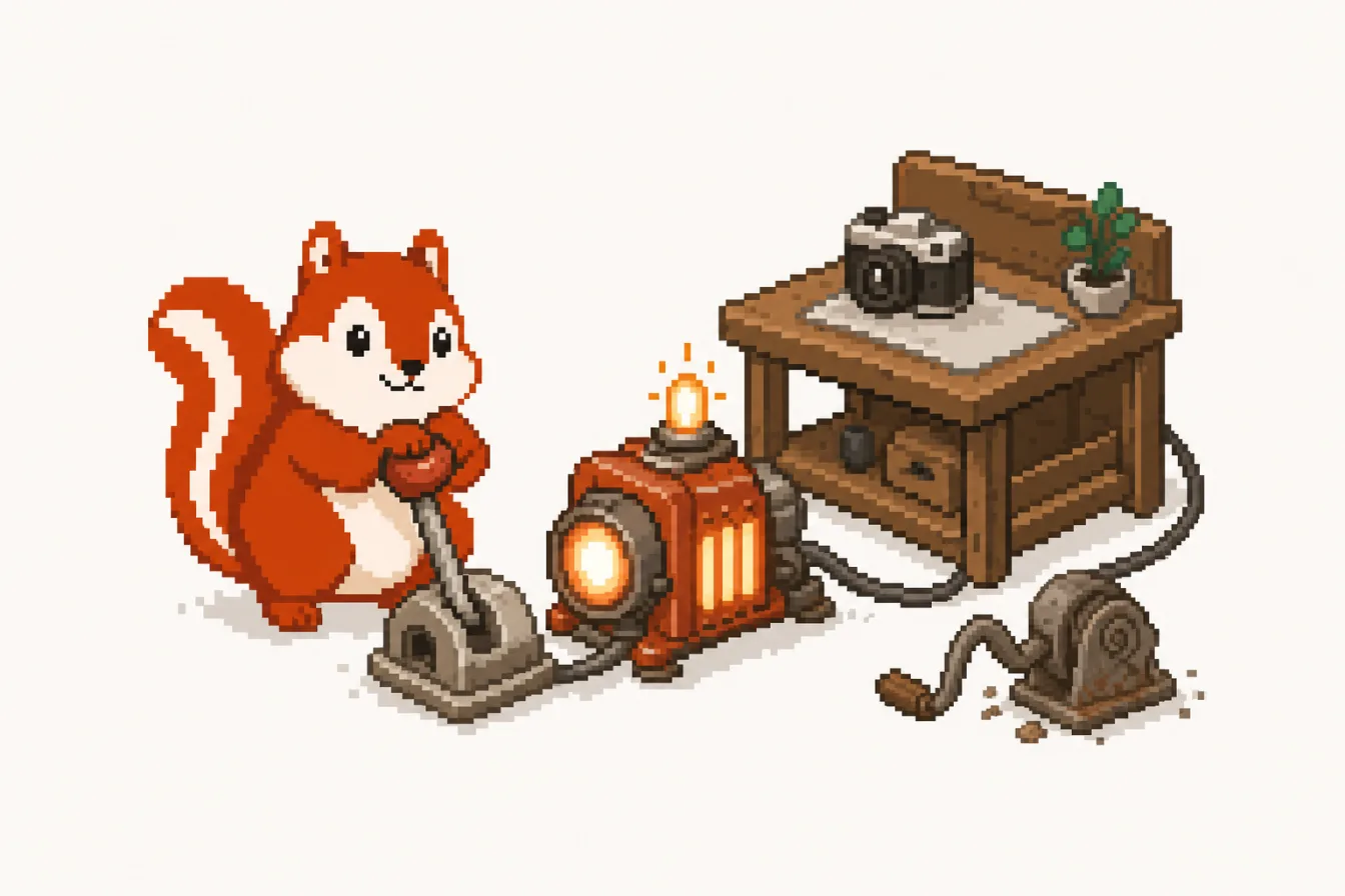 Pixel art: the Pixmunk chipmunk pulls a turbo lever on a small glowing engine while a dusty hand crank sits abandoned in the corner