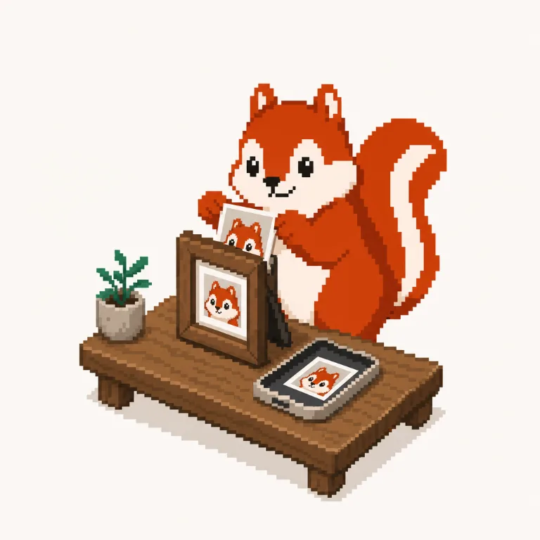 Pixel art: the Pixmunk chipmunk moves a photo from a phone-shaped tray into a plain universal frame