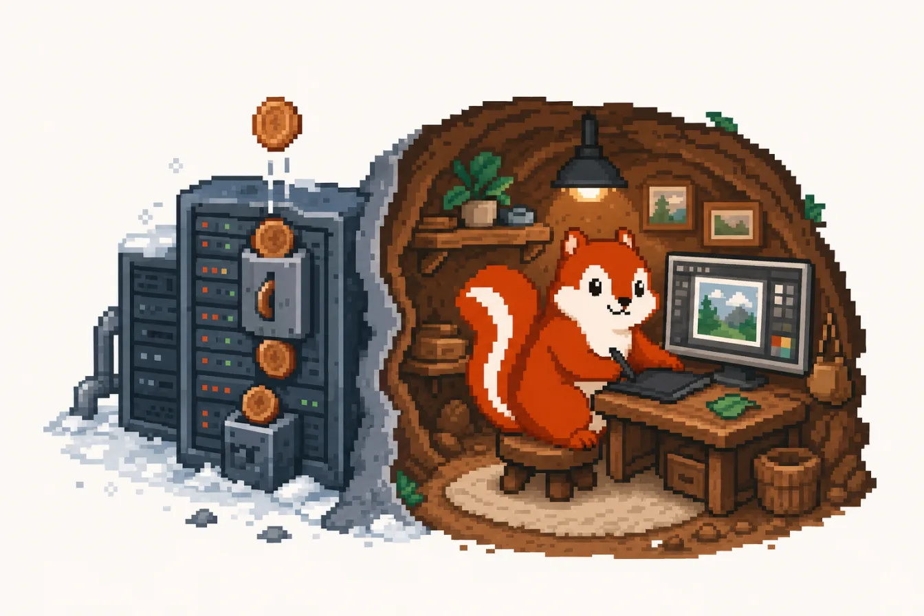 Pixel art split scene: a cold server rack with a coin meter on the left, the Pixmunk chipmunk's warm burrow workshop with no meter on the right