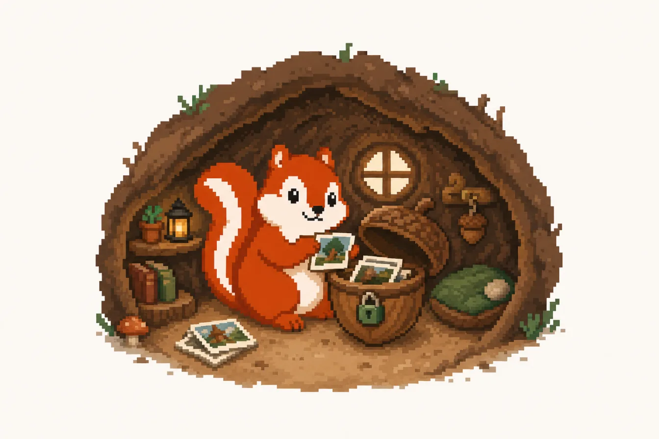 Pixel art: the Pixmunk chipmunk tucks photos into an acorn-shaped safe with a green padlock, deep inside a cozy burrow with no wires leaving it