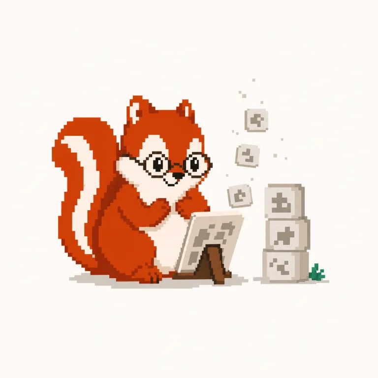 Pixel art: the Pixmunk chipmunk reads a photo while glyph tiles lift off it into a tidy stack