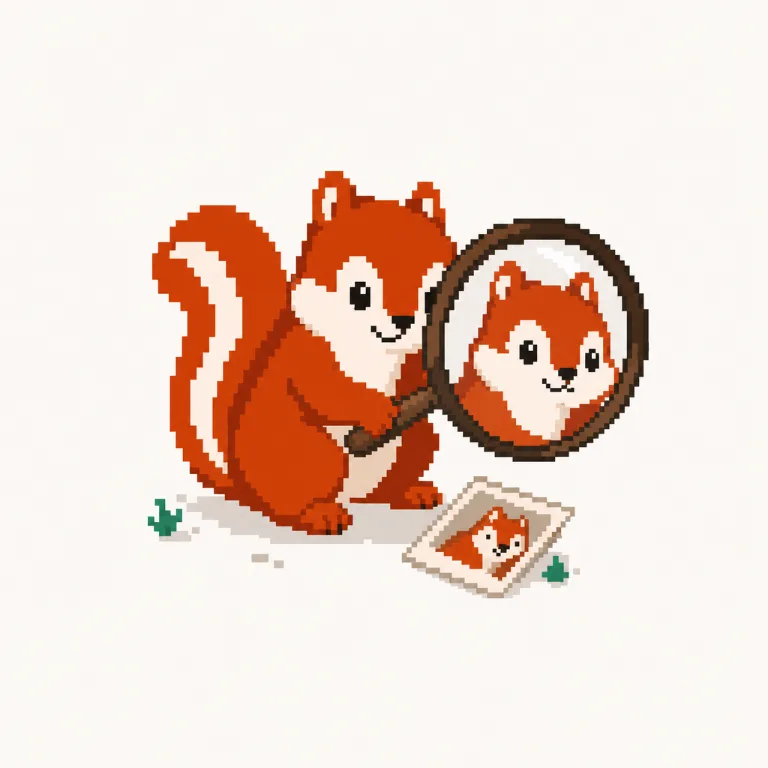 Pixel art: the Pixmunk chipmunk holds a magnifying lens that shows a tiny photo large and sharp