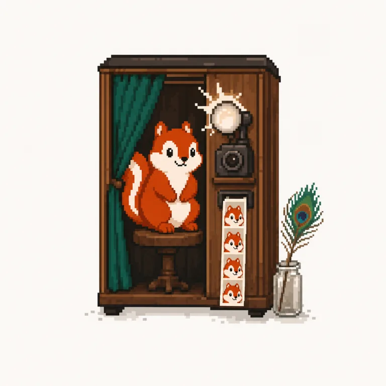 Pixel art: the Pixmunk chipmunk poses in a photo booth with a peacock feather beside it