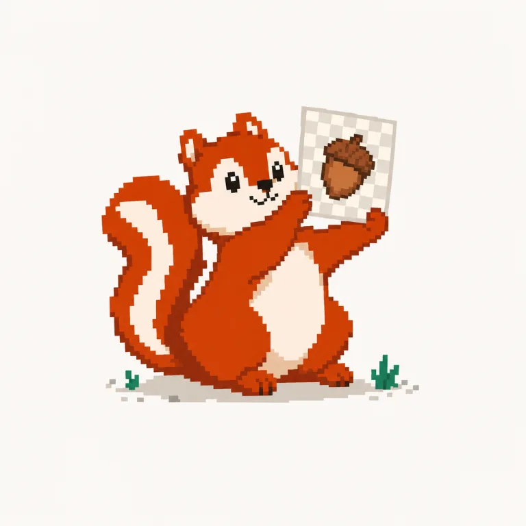 Pixel art: the Pixmunk chipmunk holds up a photo whose background has become a transparency checkerboard
