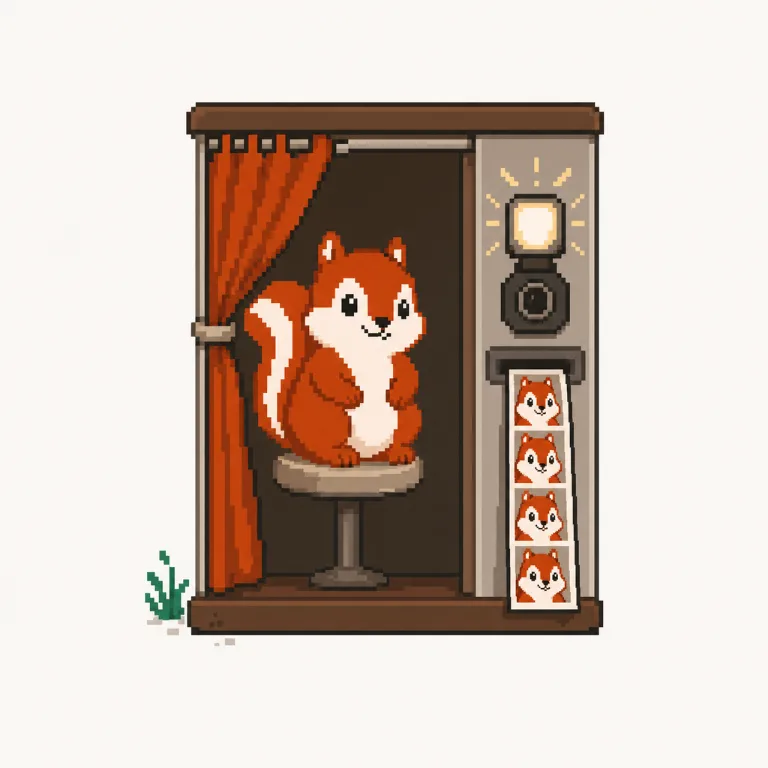 Pixel art: the Pixmunk chipmunk poses in a photo booth while a strip of ID photos prints