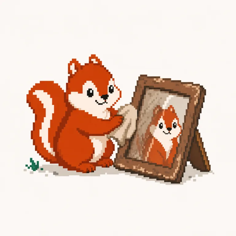 Pixel art: the Pixmunk chipmunk polishes a faded framed portrait until it shines