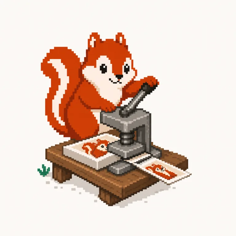 Pixel art: the Pixmunk chipmunk presses a thick photo into a slimmer, flatter copy