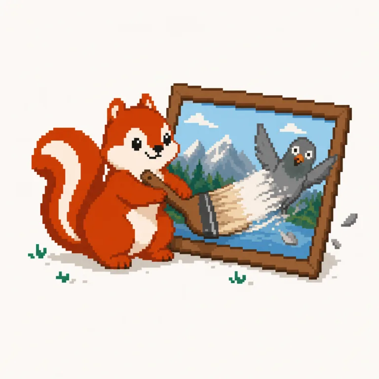 Pixel art: the Pixmunk chipmunk brushes a photobombing pigeon out of a framed photo