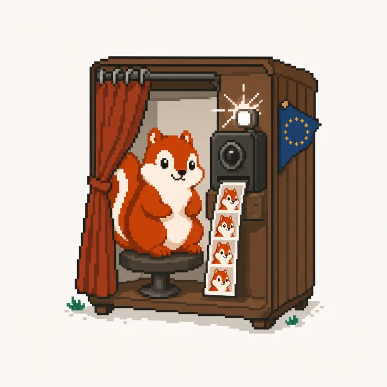 Pixel art: the Pixmunk chipmunk poses in a photo booth with an EU stars pennant on the wall