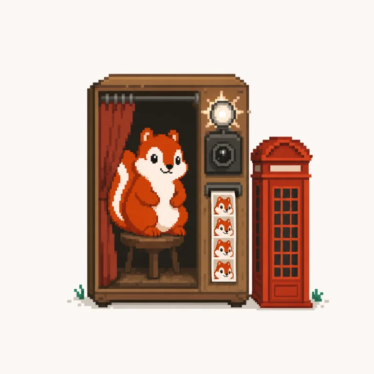 Pixel art: the Pixmunk chipmunk poses in a photo booth beside a red British phone box