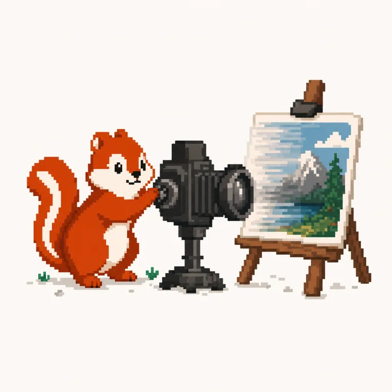 Pixel art: the Pixmunk chipmunk turns a camera lens's focus ring, sharpening a half-blurry photo