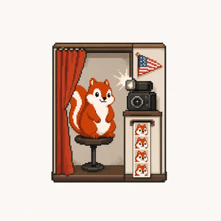 Pixel art: the Pixmunk chipmunk poses in a photo booth with an American flag pennant on the wall