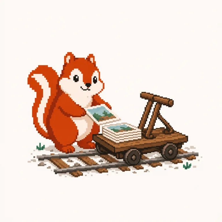 Pixel art: the Pixmunk chipmunk loads thinner, lighter photos onto a fast rail cart